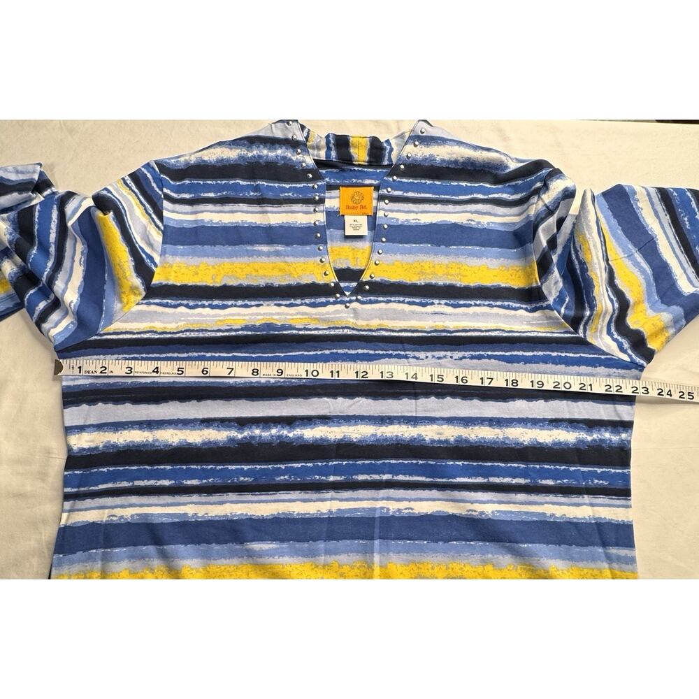 Ruby Rd XL Top Blue Yellow Stripe 3/4 Sleeve V-neck Silver Studs Runs Small - Picture 8 of 11